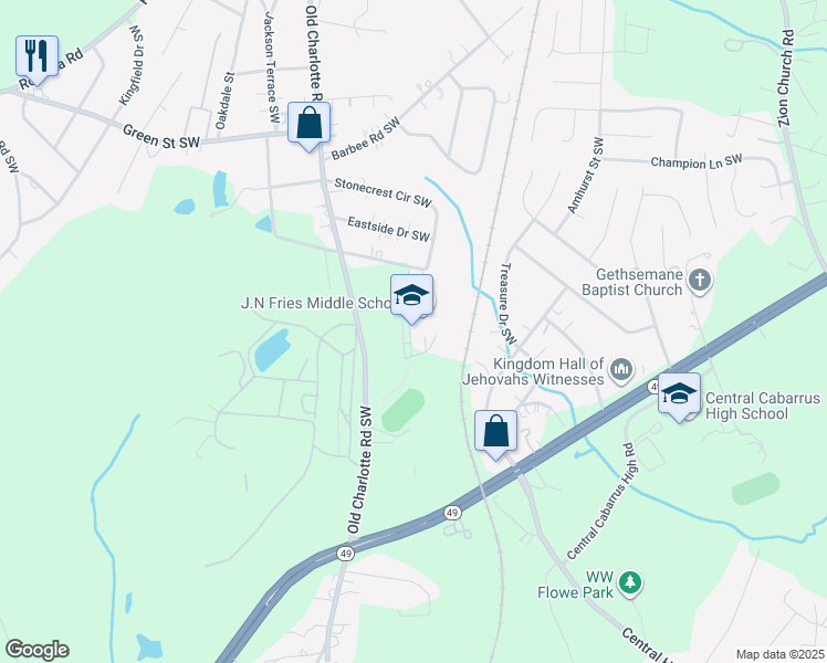 map of restaurants, bars, coffee shops, grocery stores, and more near 133 Stonecrest Circle Southwest in Concord
