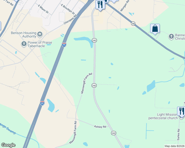 map of restaurants, bars, coffee shops, grocery stores, and more near 1-319 Massengill Farm Road in Benson