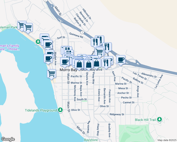 map of restaurants, bars, coffee shops, grocery stores, and more near 600 Morro Bay Boulevard in Morro Bay