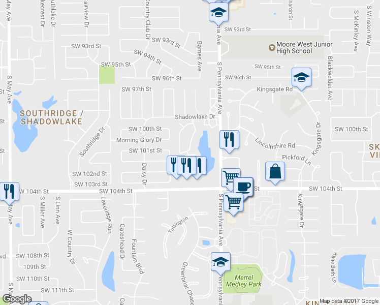 map of restaurants, bars, coffee shops, grocery stores, and more near 2202 Southwest 102nd Street in Oklahoma City