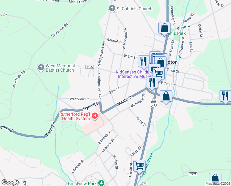 map of restaurants, bars, coffee shops, grocery stores, and more near 167 Pine Street in Rutherfordton