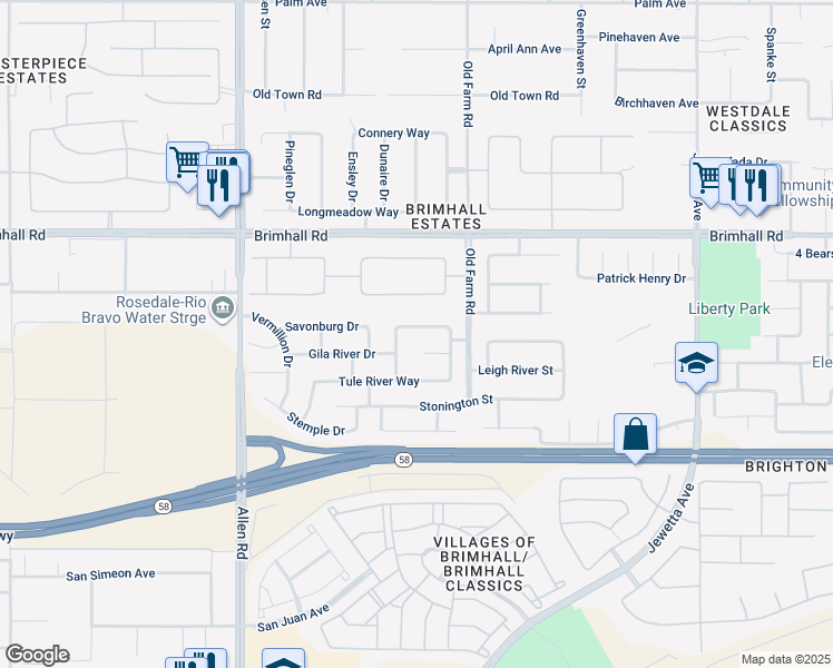 map of restaurants, bars, coffee shops, grocery stores, and more near 12303 Marshfield Way in Bakersfield