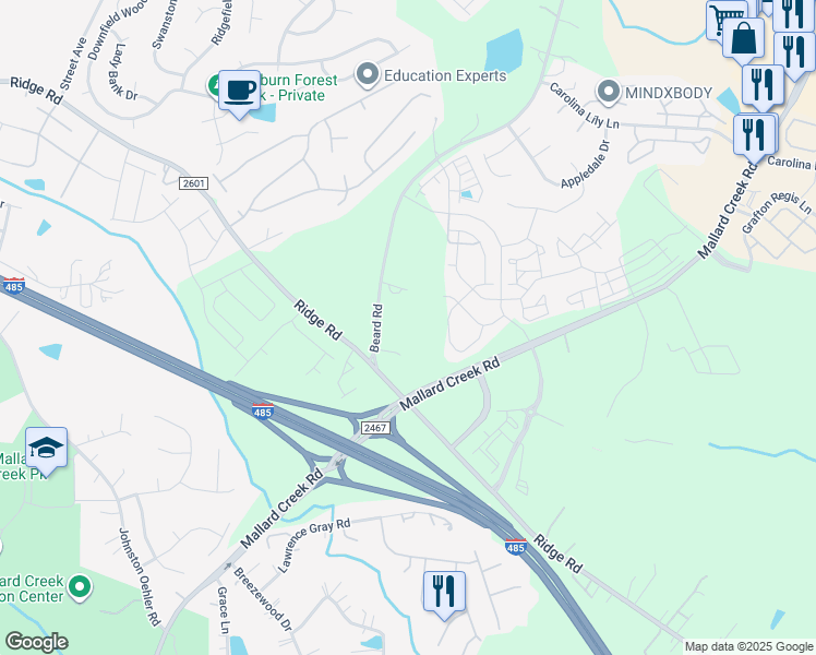 map of restaurants, bars, coffee shops, grocery stores, and more near 2700 Beard Road in Charlotte
