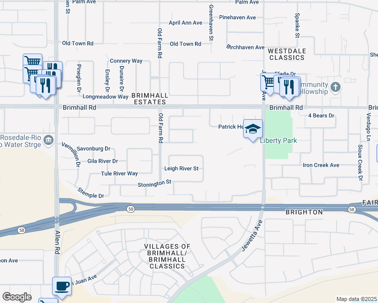 map of restaurants, bars, coffee shops, grocery stores, and more near 11809 Wethersfield Street in Bakersfield