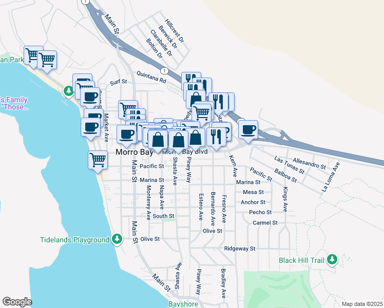 map of restaurants, bars, coffee shops, grocery stores, and more near 736 Morro Bay Boulevard in Morro Bay