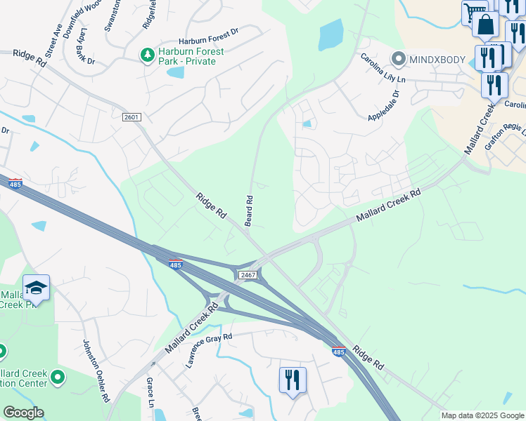 map of restaurants, bars, coffee shops, grocery stores, and more near 2700 Beard Road in Charlotte