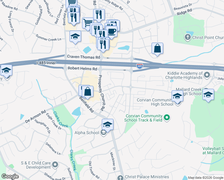 map of restaurants, bars, coffee shops, grocery stores, and more near 12317 McGrath Drive in Charlotte