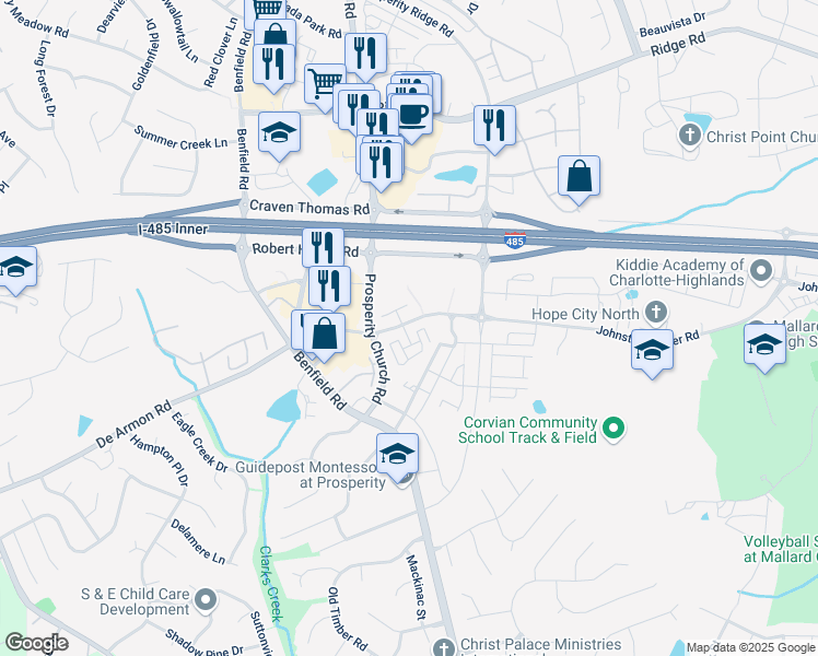map of restaurants, bars, coffee shops, grocery stores, and more near 12317 McGrath Drive in Charlotte
