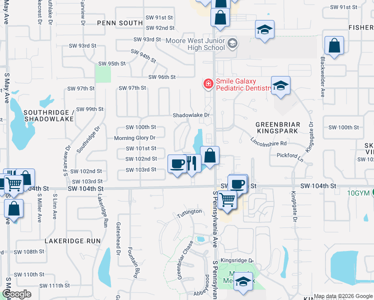 map of restaurants, bars, coffee shops, grocery stores, and more near 2220 Southwest 102nd Street in Oklahoma City