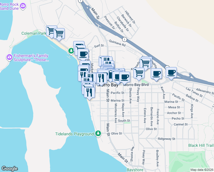 map of restaurants, bars, coffee shops, grocery stores, and more near in Morro Bay