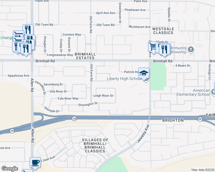 map of restaurants, bars, coffee shops, grocery stores, and more near 11809 Wethersfield Street in Bakersfield