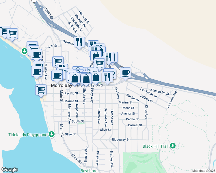 map of restaurants, bars, coffee shops, grocery stores, and more near 736 Bernardo Avenue in Morro Bay