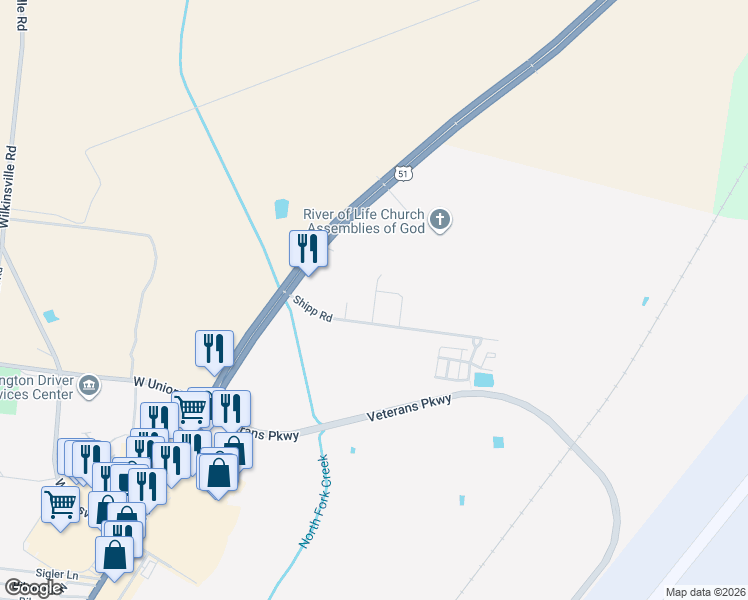 map of restaurants, bars, coffee shops, grocery stores, and more near 5366 Shipp Road in Millington