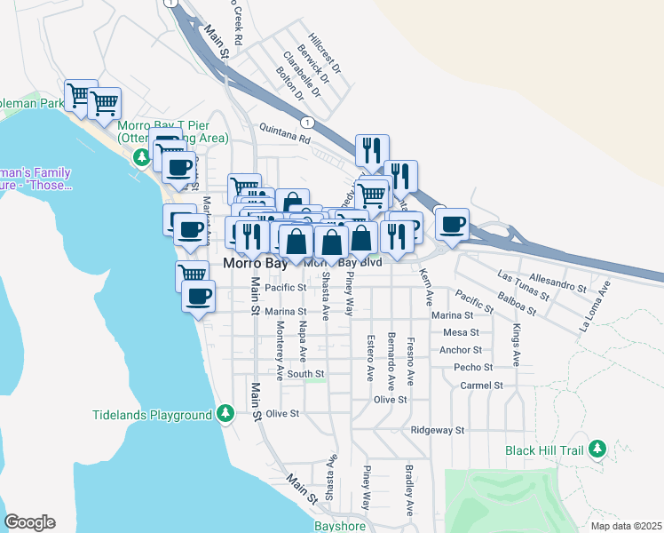 map of restaurants, bars, coffee shops, grocery stores, and more near 650 Morro Bay Boulevard in Morro Bay