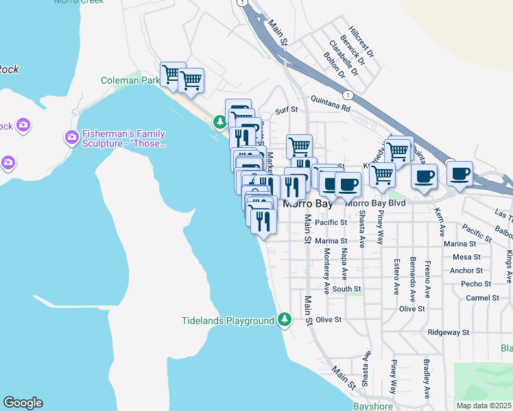 map of restaurants, bars, coffee shops, grocery stores, and more near 725 Embarcadero in Morro Bay