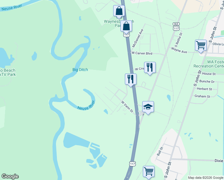 map of restaurants, bars, coffee shops, grocery stores, and more near 612 West Vann Street in Goldsboro