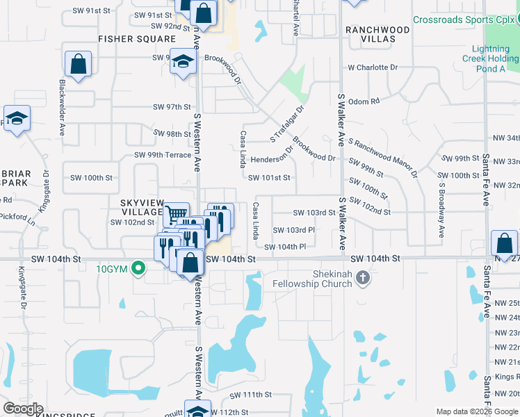 map of restaurants, bars, coffee shops, grocery stores, and more near 10317 South Trafalgar Drive in Oklahoma City
