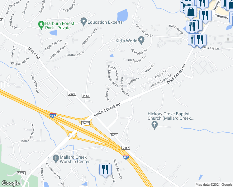 map of restaurants, bars, coffee shops, grocery stores, and more near Wilbury Circle in Charlotte