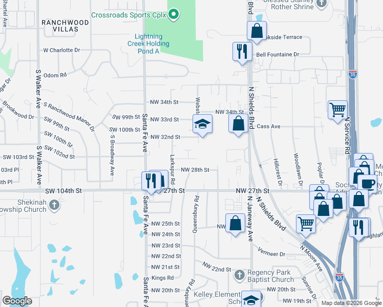 map of restaurants, bars, coffee shops, grocery stores, and more near 1004 Northwest 29th Street in Moore