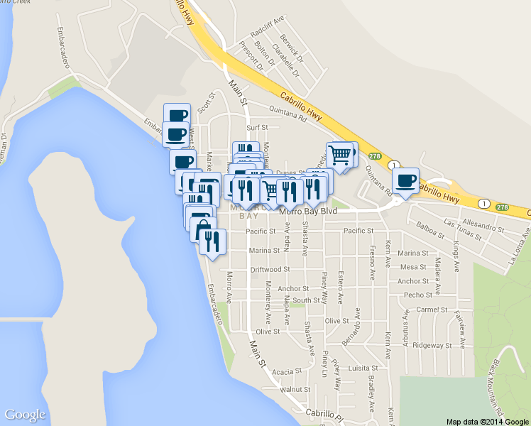 map of restaurants, bars, coffee shops, grocery stores, and more near 390 Morro Bay Blvd in Morro Bay