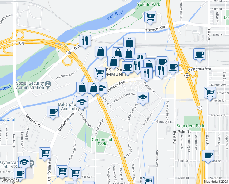 map of restaurants, bars, coffee shops, grocery stores, and more near 4451 California Avenue in Bakersfield