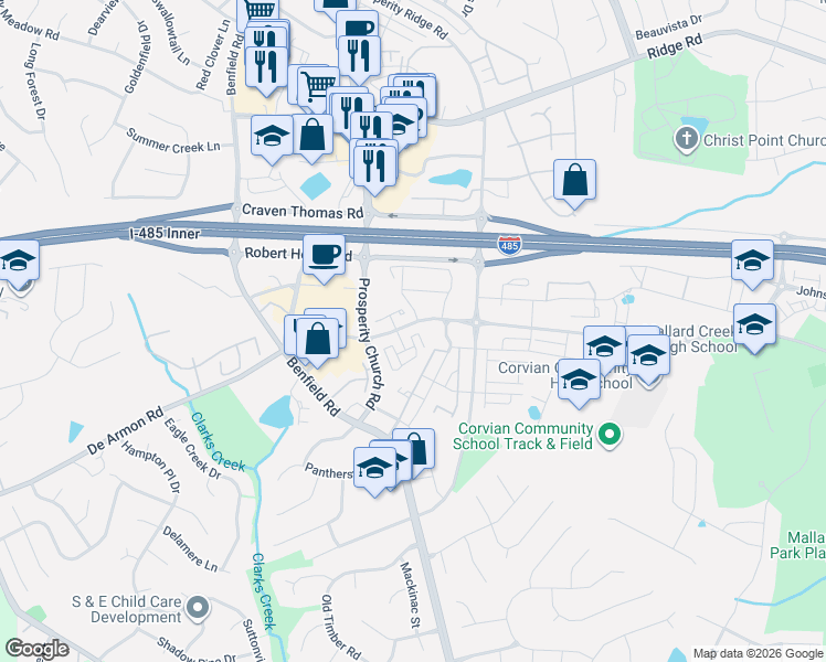 map of restaurants, bars, coffee shops, grocery stores, and more near 12317 McGrath Drive in Charlotte