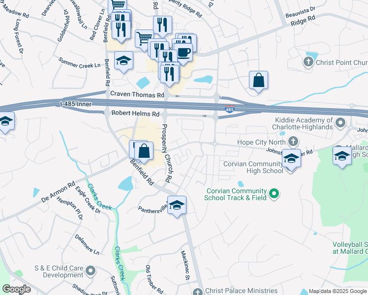 map of restaurants, bars, coffee shops, grocery stores, and more near 12317 McGrath Drive in Charlotte