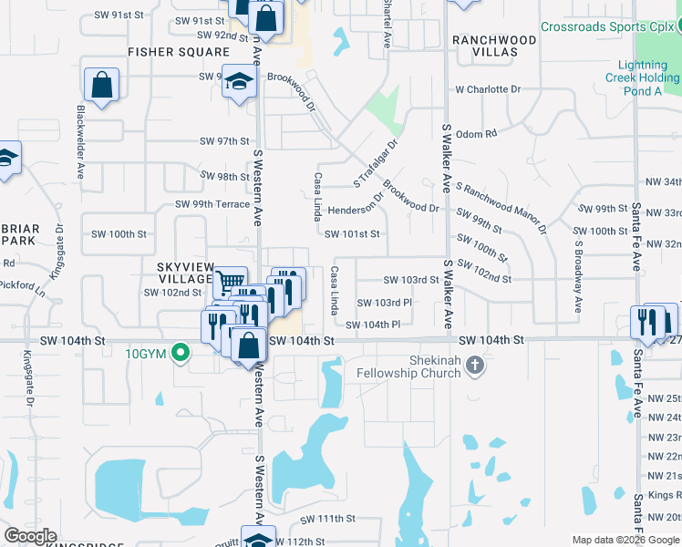 map of restaurants, bars, coffee shops, grocery stores, and more near 10317 South Trafalgar Drive in Oklahoma City