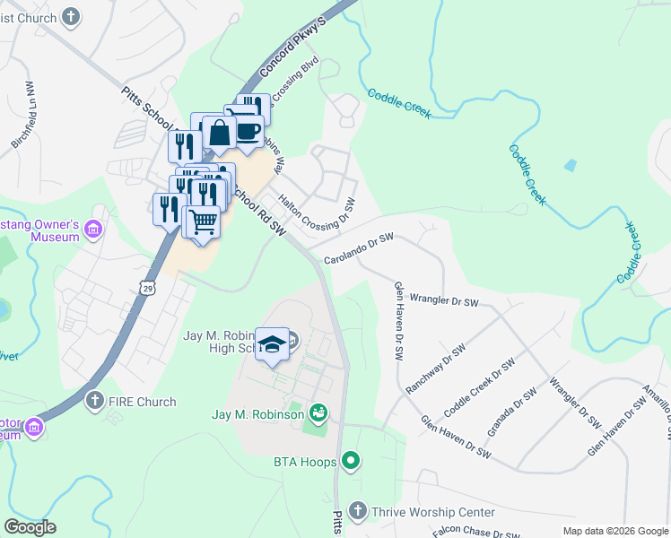 map of restaurants, bars, coffee shops, grocery stores, and more near 4815 Carolando Drive Southwest in Concord