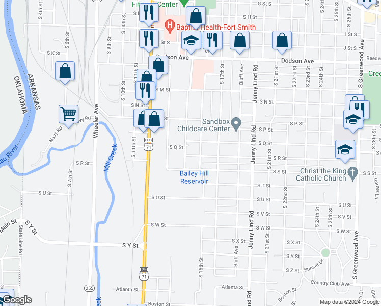 map of restaurants, bars, coffee shops, grocery stores, and more near 1503 South R Street in Fort Smith