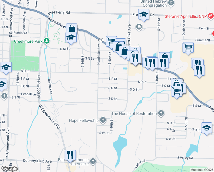 map of restaurants, bars, coffee shops, grocery stores, and more near 3905 South Q Street in Fort Smith