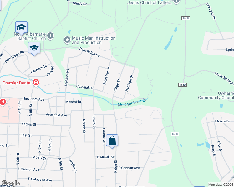 map of restaurants, bars, coffee shops, grocery stores, and more near 1200 Ridge Street in Albemarle