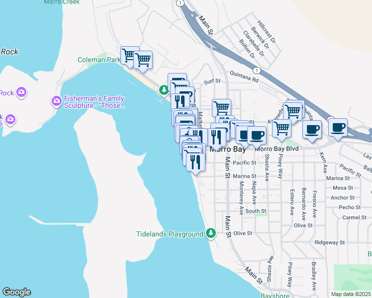 map of restaurants, bars, coffee shops, grocery stores, and more near 725 Embarcadero in Morro Bay