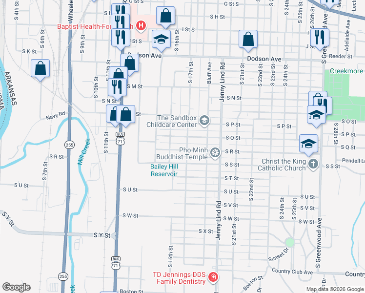 map of restaurants, bars, coffee shops, grocery stores, and more near 1626 South R Street in Fort Smith