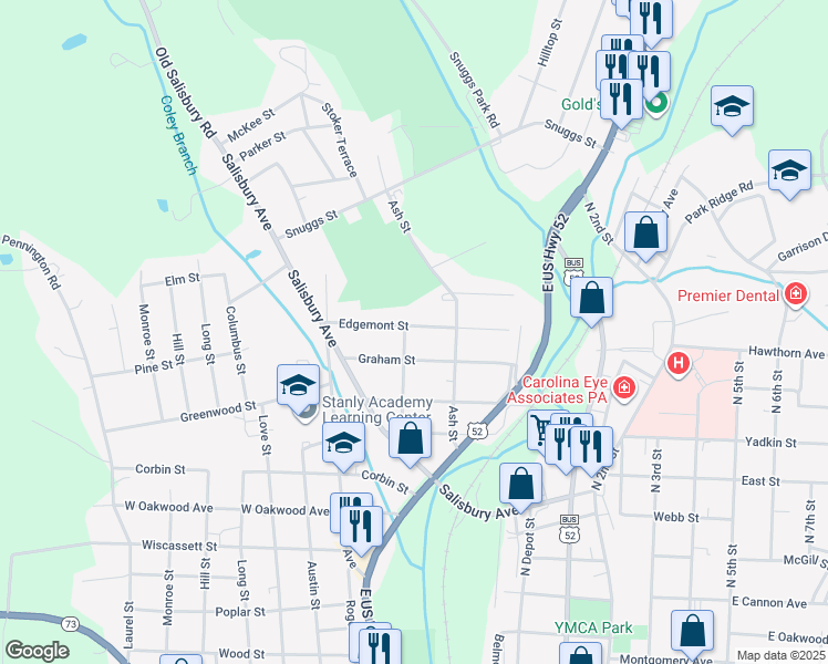 map of restaurants, bars, coffee shops, grocery stores, and more near 520 Graham Street in Albemarle