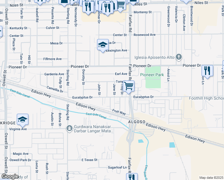 map of restaurants, bars, coffee shops, grocery stores, and more near 409 Jane Street in Bakersfield