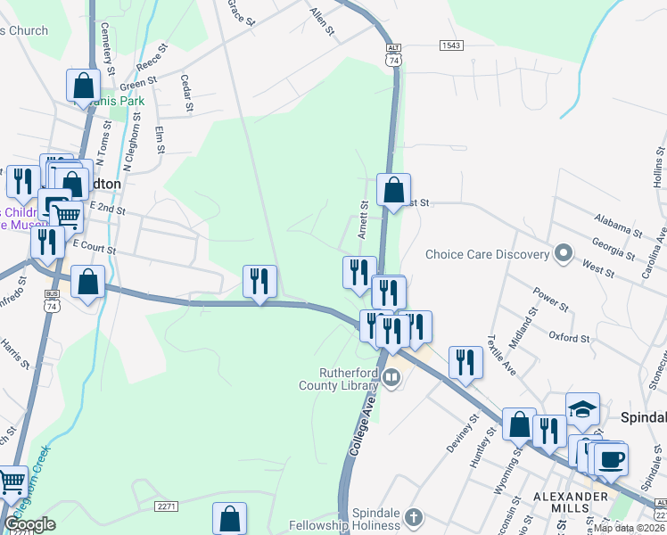 map of restaurants, bars, coffee shops, grocery stores, and more near 545 Charlotte Road in Rutherfordton