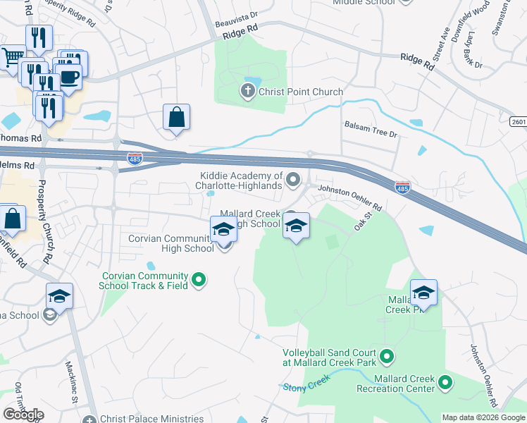 map of restaurants, bars, coffee shops, grocery stores, and more near 6007 Saddle Drive in Charlotte