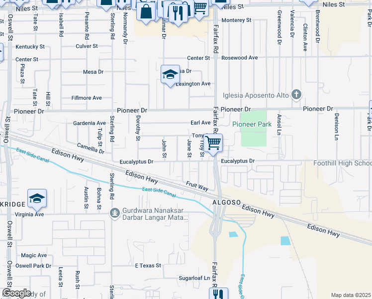 map of restaurants, bars, coffee shops, grocery stores, and more near 409 Jane Street in Bakersfield