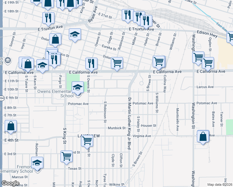 map of restaurants, bars, coffee shops, grocery stores, and more near 1313 East 9th Street in Bakersfield