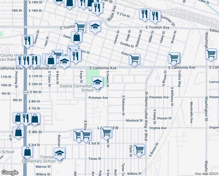 map of restaurants, bars, coffee shops, grocery stores, and more near 1105 East 9th Street in Bakersfield