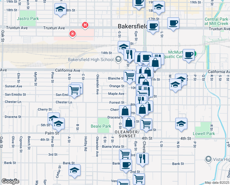 map of restaurants, bars, coffee shops, grocery stores, and more near 1909 Maple Avenue in Bakersfield