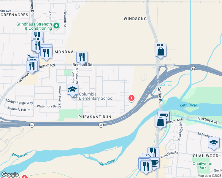 map of restaurants, bars, coffee shops, grocery stores, and more near 8612 River Spring Court in Bakersfield