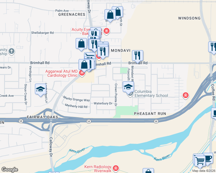 map of restaurants, bars, coffee shops, grocery stores, and more near 9502 Ravenwood Drive in Bakersfield