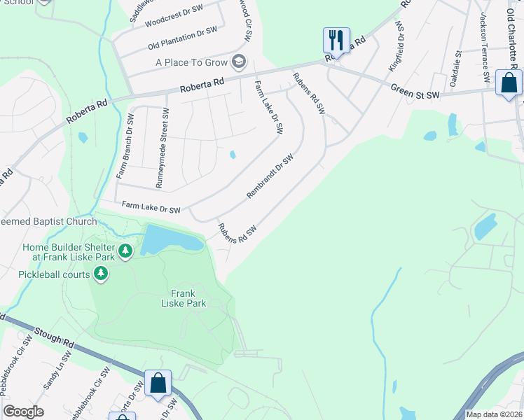 map of restaurants, bars, coffee shops, grocery stores, and more near 823 Rubens Road Southwest in Concord