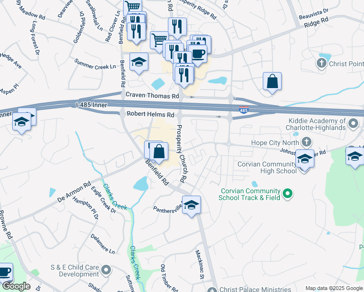 map of restaurants, bars, coffee shops, grocery stores, and more near 4761 Johnston Oehler Road in Charlotte
