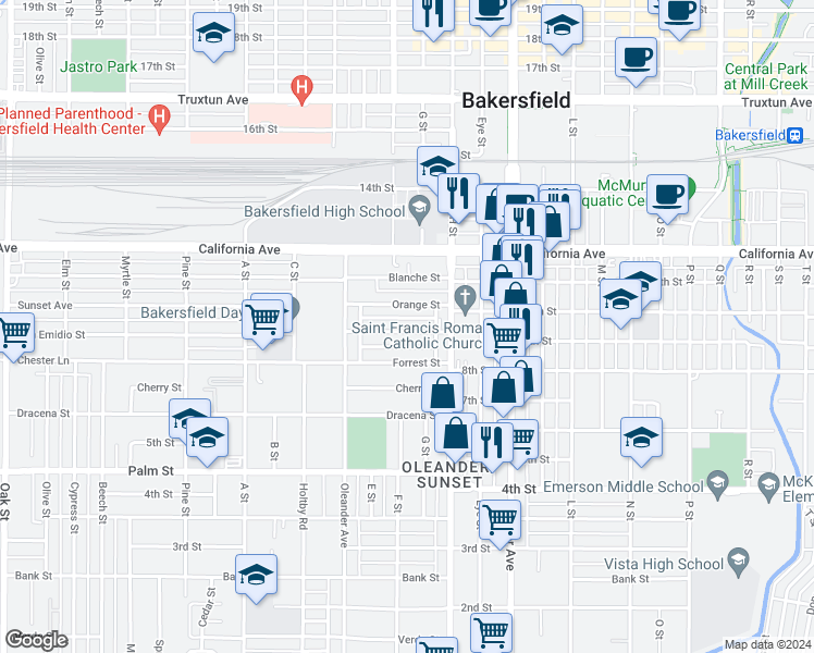 map of restaurants, bars, coffee shops, grocery stores, and more near 1820 Maple Avenue in Bakersfield