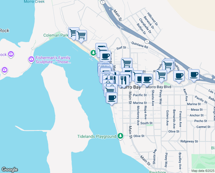 map of restaurants, bars, coffee shops, grocery stores, and more near 833 Embarcadero in Morro Bay