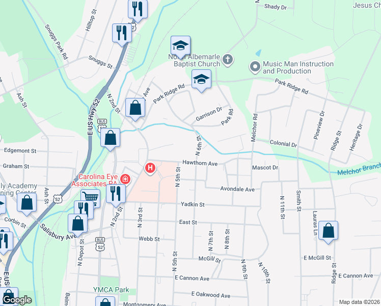 map of restaurants, bars, coffee shops, grocery stores, and more near 1101 North 6th Street in Albemarle