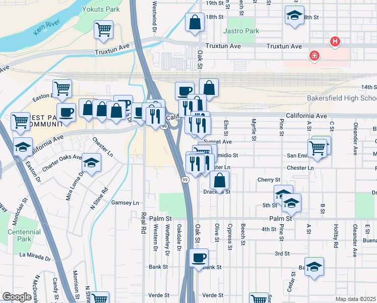 map of restaurants, bars, coffee shops, grocery stores, and more near 3232 Chester Lane in Bakersfield